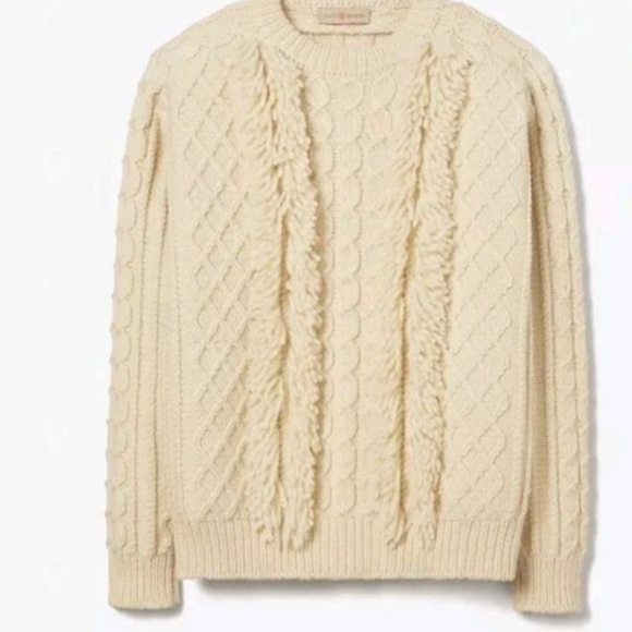 Tory Burch Sweaters - Tory Burch Cable Saddle Sleeve Sweater Tan Ivory Fringe NWT Size XL